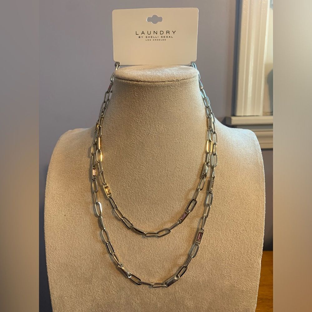 Laundry by Shelli Segal silver paper clip necklace pink gems